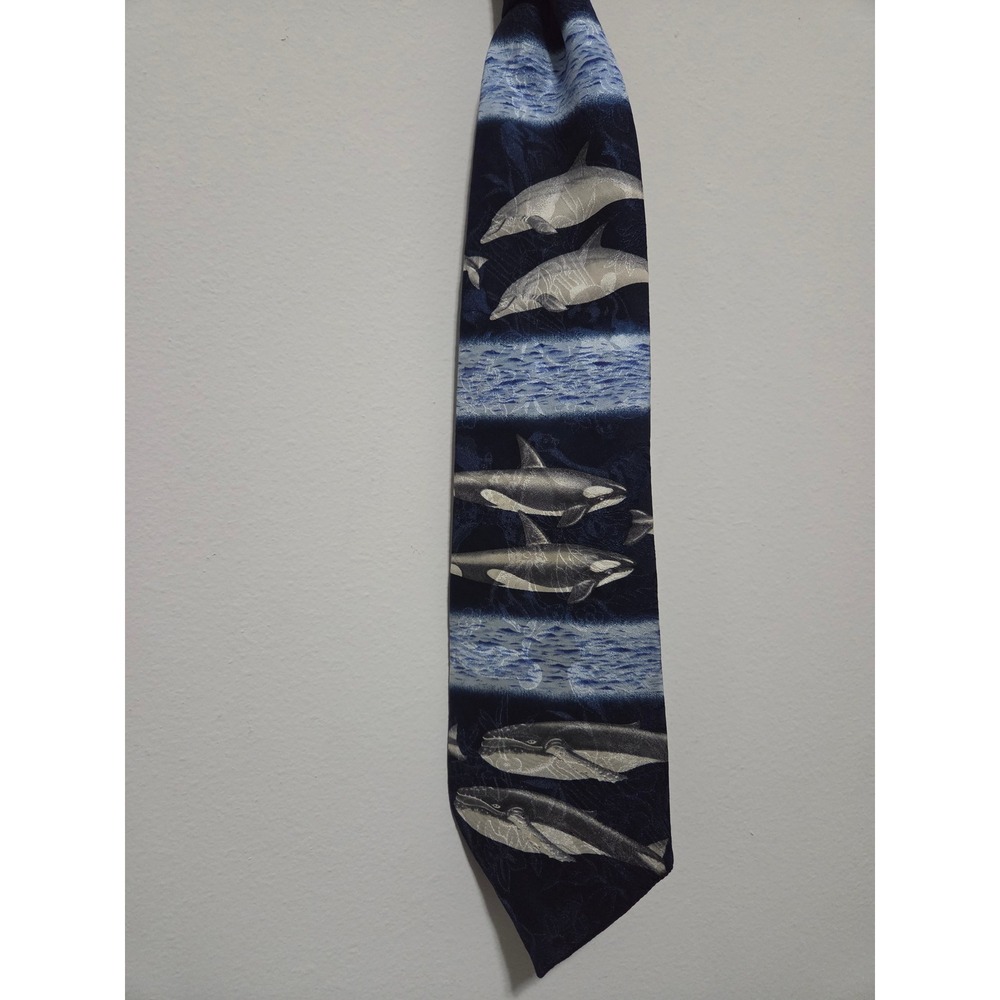 Vintage 1996 Endangered Species Marc Dennis Silk Tie Orcas Dolphins Whales Navy